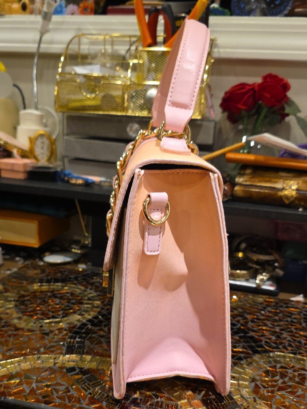ALDO Pink and Cream Top-Handle Satchel with Gold Chain - Picture 5 of 11